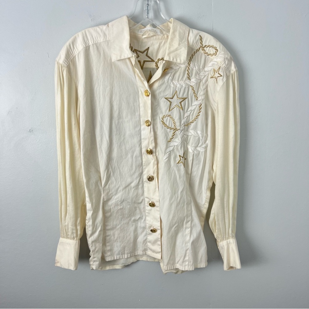 Escada Ivory Embroidered Nautical Star Shirt Gold Accents